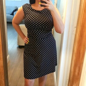 Enfocus Studio 4P Navy Blue and Khaki polka dot fit-to-flare dress.